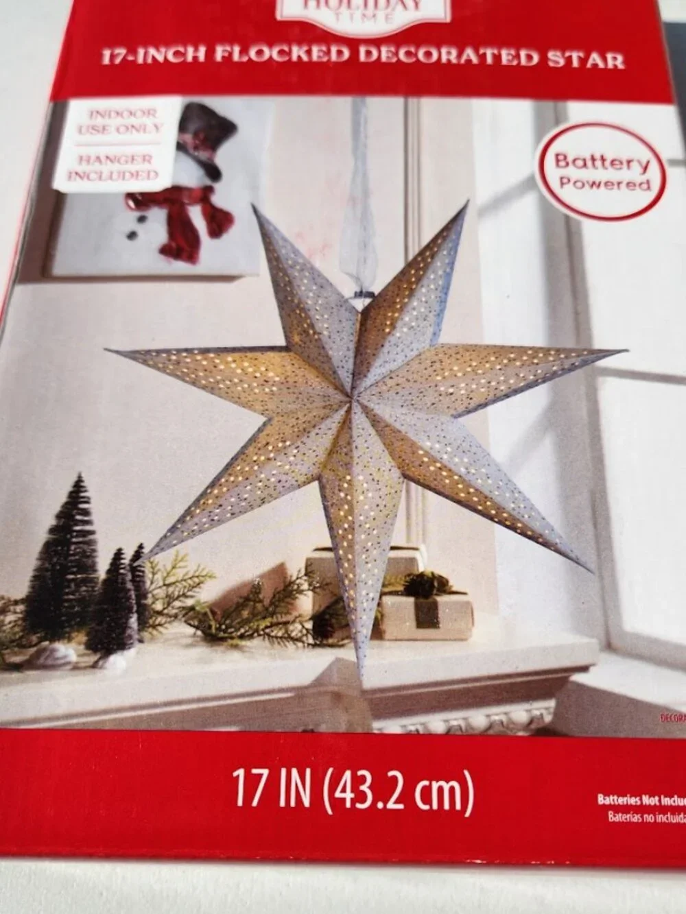 NEW Light Up Battery Operated Flocked Star Christmas Hanging Decoration Decor Ho